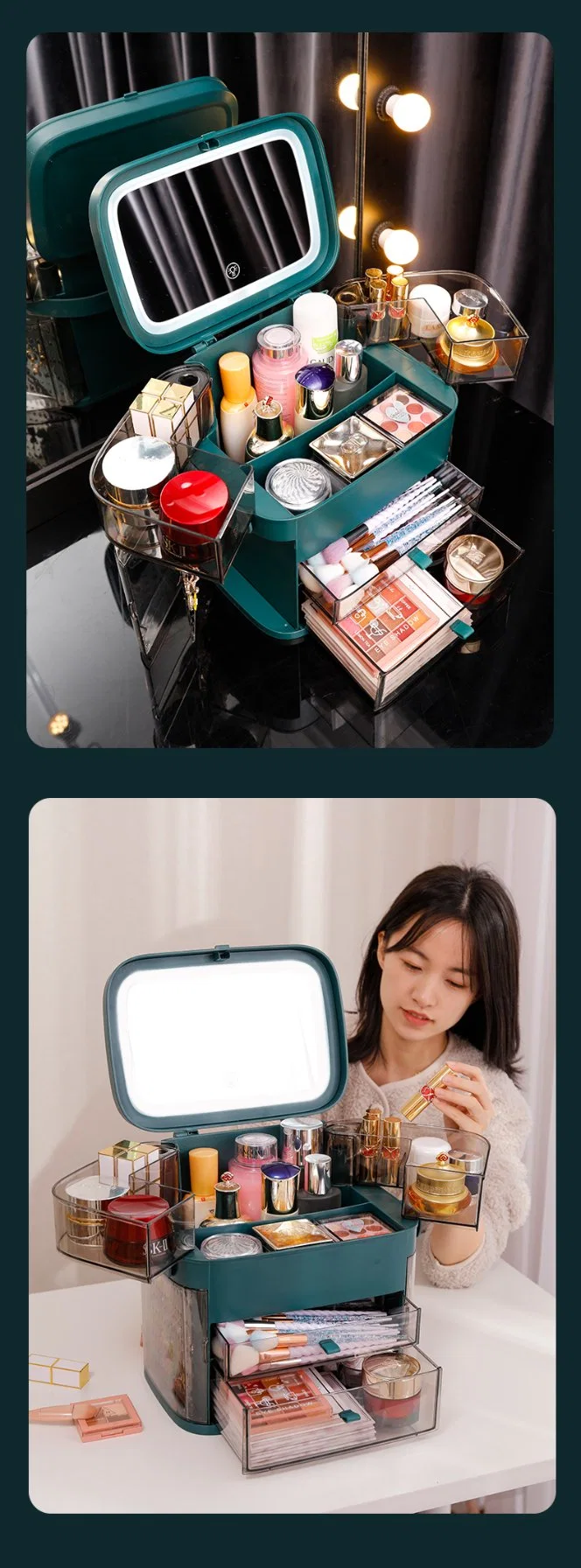 Cosmetics Multi-Layer Storage Box Skincare Dressing Table Desktop LED with Mirror Jewelry Mask Organizer Shelf